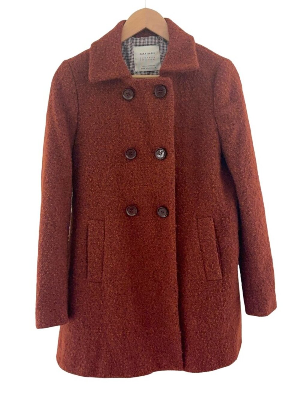 Zara Outerwear Brown Double Breasted Boucle Coat Pockets Size L Jacket Peacoat - Picture 11 of 16